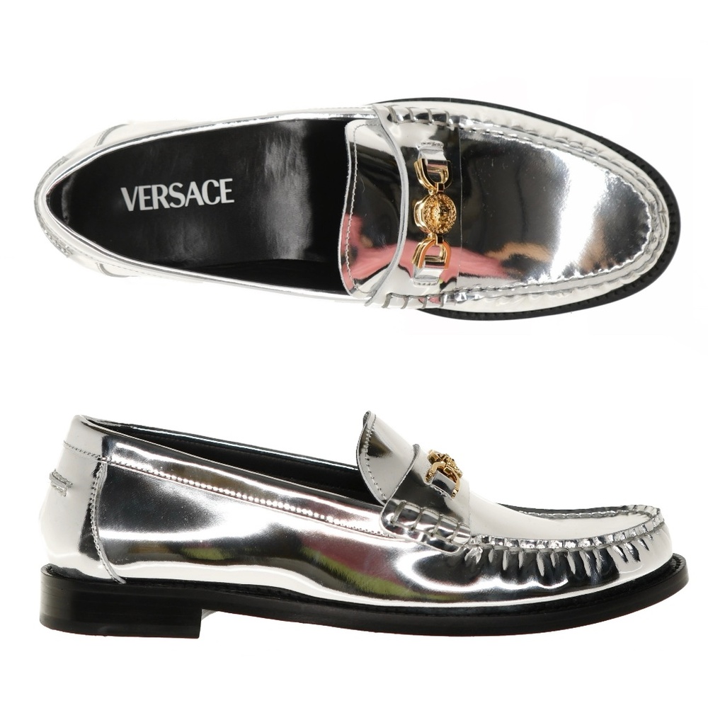 Versace Medusa Woman Loafer Silver Metallic Leather Size 38 New